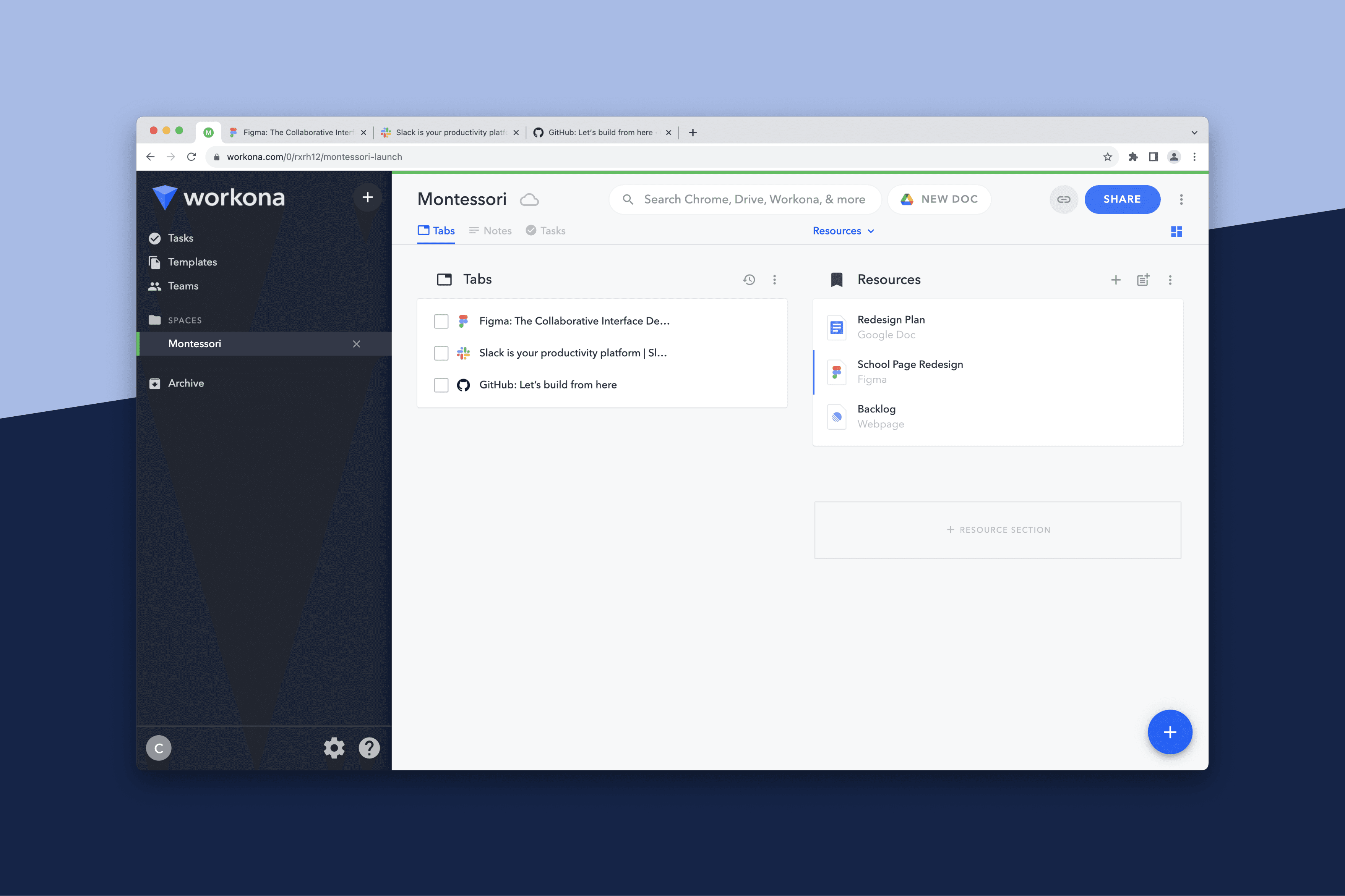 Workona tab and Google Chrome